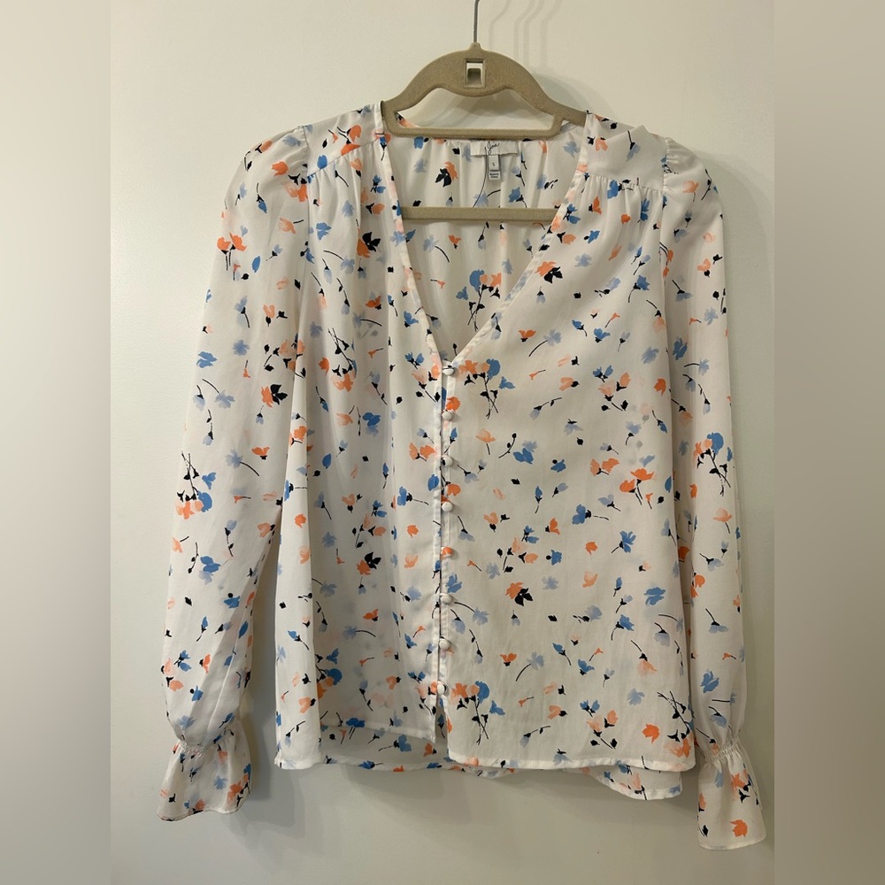 Joie Silk Blouse - White with Orange and Blue Flowers